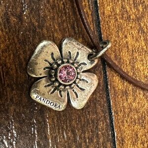 Pandora Brown Leather Bracelet and Clasp Opener with Silver Flower Charm